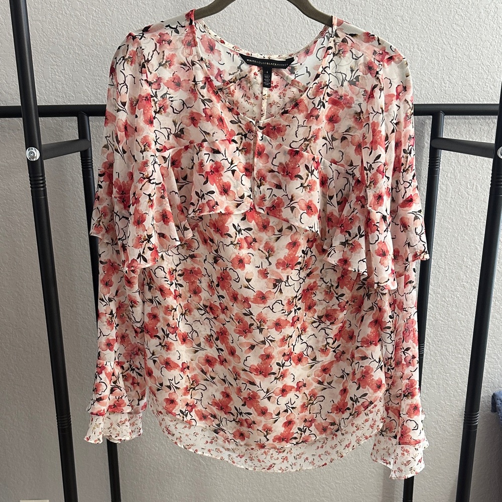 White House Black Market Floral Blouse - Red and White